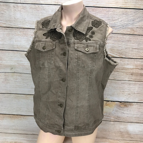 DG2 by Diane Gilman Jackets & Coats Dg2 Embroidered Denim Vest Gray